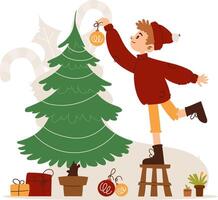 Illustration of a cheerful boy decorating a Christmas tree with ornaments, surrounded by gifts, in a festive setting. Boy Decorating Christmas Tree with Ornaments vector