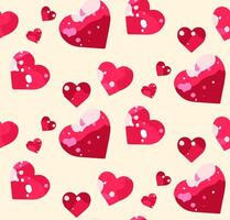 Cheerful and playful seamless pattern of red hearts of various sizes on a soft light yellow background. Unique artistic flair. Bright and eye-catching aesthetic. Valentine and romantic celebration. vector
