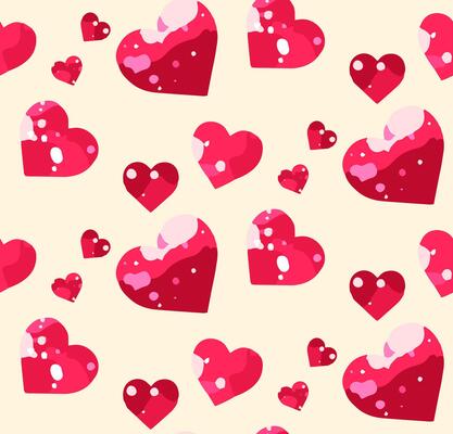 Cheerful and playful seamless pattern of red hearts of various sizes on a soft light yellow background. Unique artistic flair. Bright and eye-catching aesthetic. Valentine and romantic celebration.