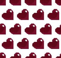 Seamless pattern of pixelated 8-bit red hearts against a white backdrop. Pixelated style infuses a retro, nostalgic vibe reminiscent of classic games. Wallpaper of Valentine Day, fabric applications. vector