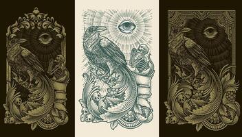 Set of 3 crow with skeleton and eye engraving ornament style vector