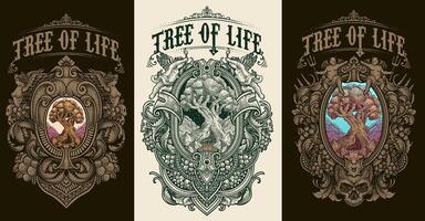 Set of 3 tree of life design with engraving ornament frame. hand drawn vector