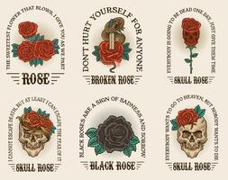 Set of 6 vintage rose flower with skull and snake variation. engraving style. design vector