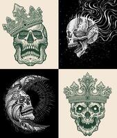 Set of 4 engraving hand drawn skull diamonds with various variations and styles. illustration vector