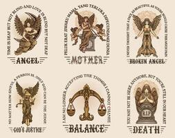 Set of 6 vintage angel with various poses and styles. engraving style. design vector