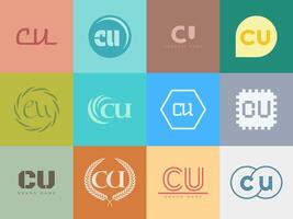 CU logo company template. Letter c and u logotype. Set different classic serif lettering and modern bold text with design elements. Initial font typography. vector
