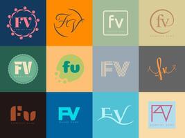 FV logo company template. Letter f and v logotype. Set different classic serif lettering and modern bold text with design elements. Initial font typography. vector