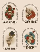 Set of 4 vintage skull rose and dice snake with various poses and styles. hand drawn style. design vector