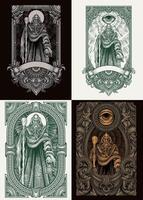 Set of 4 the great mage with engraving ornament frame vector