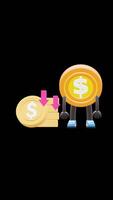 3D Money Coin Character Standing Next To Decreasing Coin Stack Representing Business Loss Suitable For Financial Content And Economic Presentations. Transparent Background. Alpha Background. video