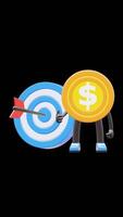 3D Money Coin Character Pointing At Bullseye Target For Goals And Achievements Suitable For Business Motivation And Success Presentations. Transparent Background. Alpha Background. Looping Animation. video