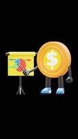 3D Money Coin Character Giving Presentation With Chart Board Suitable For Business Analysis And Marketing Strategies. Transparent Background. Alpha Background. Looping Animation. video