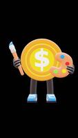 3D Money Coin Character Holding Paintbrush And Palette Suitable For Art And Creativity Themes. Transparent Background. Alpha Background. Looping Animation. video