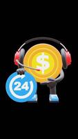 3D Money Coin Character With Headset Holding 24 Hours Sign Suitable For Customer Support And Service Concepts. Transparent Background. Alpha Background. Looping Animation. video