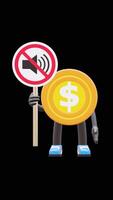 3D Money Coin Character Holding Silent Sign Suitable For Quiet Zone And Silence Awareness Concepts. Transparent Background. Alpha Background. Looping Animation. video