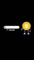 3D Money Coin Character Promoting Social Media Follow Button Perfect For Digital Campaigns And Branding. Transparent Background. Alpha Background. Looping Animation. video