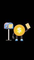 3D Money Coin Character Holding Envelope Next To Mailbox Suitable For Communication And Business Messaging Concepts. Transparent Background. Alpha Background. Looping Animation. video