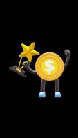 3D Money Coin Character Holding Star Trophy Suitable For Award And Achievement Concepts. Transparent Background. Alpha Background. Looping Animation. video