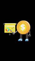 3D Money Coin Character Doing Presentation With Pointer And Board Suitable For Business And Educational Uses. Transparent Background. Alpha Background. Looping Animation. video
