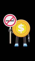 3D Money Coin Character Holding Dont Smoke Sign Suitable For No Smoking And Health Awareness Concepts. Transparent Background. Alpha Background. Looping Animation. video