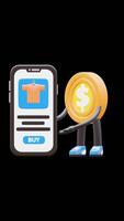 3D Money Coin Character Showing Mobile Shopping App Suitable For E Commerce And Online Shopping Concepts. Transparent Background. Alpha Background. Looping Animation. video