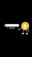 3D Money Coin Character Promoting Social Media Follow Button Perfect For Digital Campaigns And Branding. Transparent Background. Alpha Background. Looping Animation. video