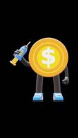 3D Money Coin Character Holding A Syringe Suitable For Health And Vaccination Concepts. Transparent Background. Alpha Background. Looping Animation. video