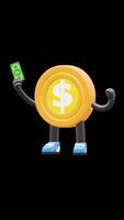 3D Money Coin Character Holding Money Symbolizing Wealth Success Suitable For Business Financial And Marketing Content. Transparent Background. Alpha Background. Looping Animation. video