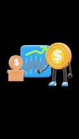 3D Money Coin Character Pointing At Stock Market Graph Suitable For Financial And Investment Concepts. Transparent Background. Alpha Background. Looping Animation. video