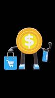 3D Money Coin Character Holding Shopping Bags Suitable For E Commerce And Retail Concepts. Transparent Background. Alpha Background. Looping Animation. video