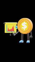 3D Money Coin Character Pointing At Red Chart With Light Bulb Suitable For Creative And Business Concepts. Transparent Background. Alpha Background. Looping Animation. video