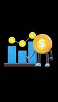 3D Money Coin Character Pointing At Bar Chart Suitable For Business And Data Analysis Concepts. Transparent Background. Alpha Background. Looping Animation. video