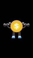 3D Money Coin Character Holding Dumbbells Suitable For Fitness And Workout Themes. Transparent Background. Alpha Background. Looping Animation. video