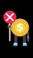 3D Money Coin Character Holding Wrong Sign Suitable For Mistake And Incorrect Concepts. Transparent Background. Alpha Background. Looping Animation. video