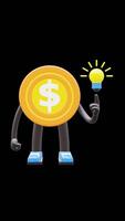 3D Money Coin Character With Light Bulb Idea Moment Suitable For Innovation Creativity And Problem Solving Content. Transparent Background. Alpha Background. Looping Animation. video