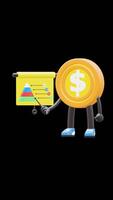 3D Money Coin Character Doing Presentation With Graph And Pointer Suitable For Business And Marketing Presentations. Transparent Background. Alpha Background. Looping Animation. video