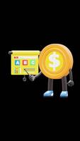 3D Money Coin Character Pointing At Line Graph Showing Growth Suitable For Business And Data Analysis Concepts. Transparent Background. Alpha Background. Looping Animation. video