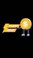 3D Money Coin Character Pointing At Flash Sale Text, Ideal For Discounts, Special Offers, And Promotions. Transparent Background. Alpha Background. Looping Animation. video