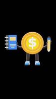 3D Money Coin Character Holding Textbook And Pencil Suitable For Education And Learning Concepts. Transparent Background. Alpha Background. Looping Animation. video