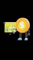 3D Money Coin Character Doing Presentation With Bar Chart Showing Growth Suitable For Business And Finance Concepts. Transparent Background. Alpha Background. Looping Animation. video