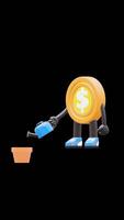 3D Money Coin Character Watering Plant With Dollar Coin Growth Investment Concept Suitable For Financial Education And Business Presentations. Transparent Background. Alpha Background. video