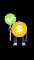 3D Money Coin Character Holding Correct Sign Suitable For Right And Approval Concepts. Transparent Background. Alpha Background. Looping Animation. video