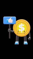 3D Money Coin Character Holding Thumbs Up Like Board Symbolizing Approval And Agreement Suitable For Social Media Marketing And Feedback Concepts. Transparent Background. Alpha Background. video