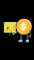 3D Money Coin Character Doing Presentation With Network Diagram Suitable For Business And Technology Concepts. Transparent Background. Alpha Background. Looping Animation. video