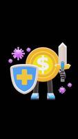 3D Money Coin Character With Sword And Shield Fighting Virus Suitable For Health Campaigns And Educational Content. Transparent Background. Alpha Background. Looping Animation. video