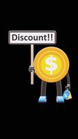 3D Money Coin Character Holding Discount Sign And Tag Suitable For Sales Promotions And Marketing Campaigns. Transparent Background. Alpha Background. Looping Animation. video