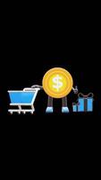 3D Money Coin Character With Shopping Cart And Gift Boxes Suitable For Online Shopping And Retail Concepts. Transparent Background. Alpha Background. Looping Animation. video