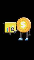 3D Money Coin Character Holding Magnifying Glass Pointing At Bar Chart Suitable For Business And Analysis Concepts. Transparent Background. Alpha Background. Looping Animation. video