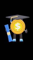 3D Money Coin Character Wearing Graduation Cap Holding Diploma Suitable For Education And Success Concepts. Transparent Background. Alpha Background. Looping Animation. video