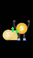 3D Money Coin Character Standing Next To Increasing Coin Stack Representing Business Profit Suitable For Financial Content And Business Promotions. Transparent Background. Alpha Background. video